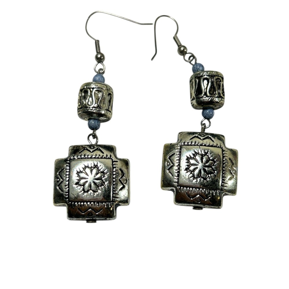 Silver Tone Southwestern Tribal Sunburst Square Drop Earrings Blue Bead Accents